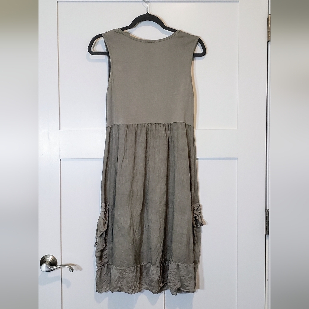 Sweetissima Italy Made Linen Sleeveless Midi Dress Floweretts Olive Gree… - Picture 12 of 16